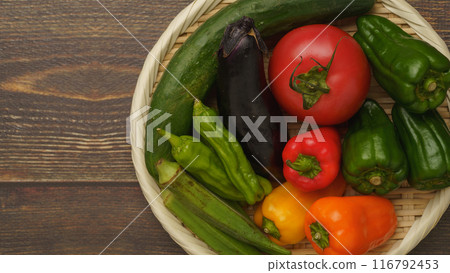 Assorted summer vegetables (cucumber, eggplant, tomato, green pepper, paprika, okra, shishito pepper) Assorted summer vegetables (cucumber, eggplant, tomato, green pepper, paprika, okra, shishito pepper) 116792453