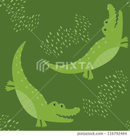 Children's animal seamless pattern. Funny crocodile on a green background with dots. Vector illustration in a flat style. 116792464