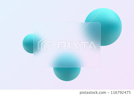 3D creative background design. Transparent rectangular glass banner with geometric spheres in glass morphism style. 3D creative background design. Transparent rectangular glass banner with geometric spheres in glass morphism style. 116792475