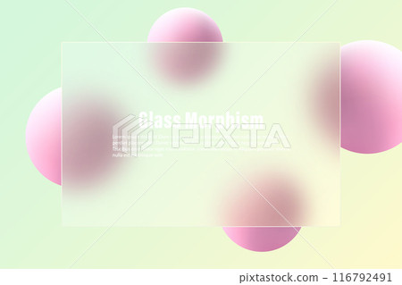 Glass morphism effect. Bank card or banner made of transparent glass with pink spheres. Glass morphism effect. Bank card or banner made of transparent glass with pink spheres. 116792491