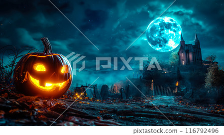 A Halloween pumpkin head jack lantern glows with a burning candle inside. It illuminated by the light of a full moon in a spooky forest and a graveyard. Generative AI. A Halloween pumpkin head jack lantern glows with a burning candle inside. It illuminated by the light of a full moon in a spooky forest and a graveyard. Generative AI. 116792496
