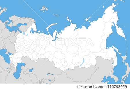 Blank map of the Russian Federation with borders of oblasts, republics, regions, autonomous districts and federal cities, and neighboring countries 116792559
