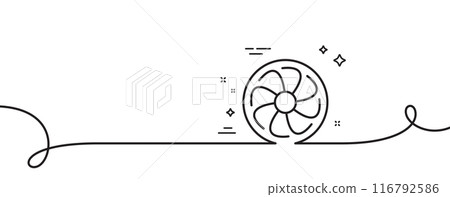 Fan engine line icon. Continuous one line with curl. Jet turbine sign. Ventilator symbol. Fan engine single outline ribbon. Loop curve pattern. Vector 116792586
