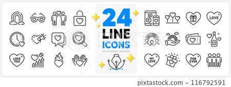 Icons set of For ever, Search love and Dating line icons pack for app with Rainbow, Heart, Love tickets thin outline icon. Inclusion, Wedding locker, Friendship pictogram. Heart flame. Vector 116792591
