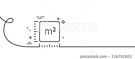 Square meter line icon. Continuous one line with curl. Room area dimension sign. Territory measurement symbol. Square meter single outline ribbon. Loop curve pattern. Vector 116792605