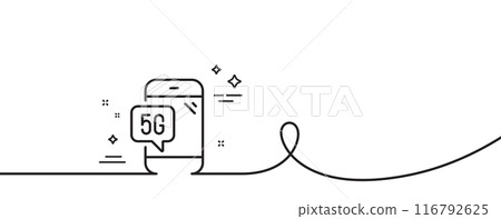 5g technology phone line icon. Continuous one line with curl. Wifi wireless network sign. Mobile data transmission symbol. 5g phone single outline ribbon. Loop curve pattern. Vector 116792625