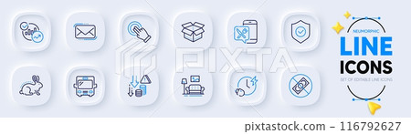 Bus, Corrupt and Touchscreen gesture line icons for web app. Pack of Messenger mail, Food app, Statistics pictogram icons. Furniture, Open box, Animal tested signs. Deflation. Vector 116792627