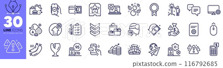 Bribe, Warning and Grilled sausage line icons pack. Augmented reality, Swipe up, Monitor settings web icon. Creative idea, Diet menu, Call center pictogram. Paper plane, Arena stadium. Vector 116792685