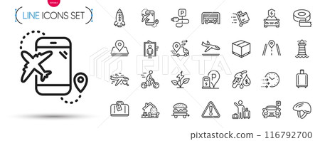 Pack of Parking, Petrol station and Airport transfer line icons. Include Parking garage, Road, Warning pictogram icons. Rocket, Baggage reclaim, Car charging signs. Inventory cart. Vector 116792700