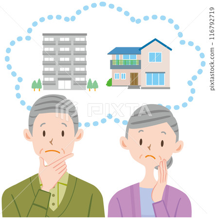 Illustration of a senior couple wondering whether to rent or own a detached house Illustration of a senior couple wondering whether to rent or own a detached house 116792719