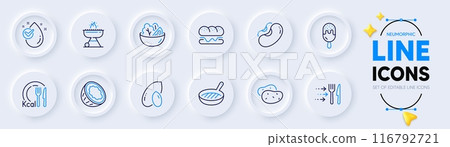 Water drop, Calories and Grill pan line icons for web app. Pack of Grill, Beans, Coconut pictogram icons. Salad, Ice cream, Burger signs. Potato, Peanut, Food delivery. Clean aqua, Diet food. Vector 116792721
