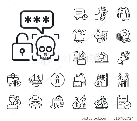 Ransomware threat sign. Cash money, loan and mortgage outline icons. Cyber attack line icon. Password cracking symbol. Cyber attack line sign. Credit card, crypto wallet icon. Vector Ransomware threat sign. Cash money, loan and mortgage outline icons. Cyber attack line icon. Password cracking symbol. Cyber attack line sign. Credit card, crypto wallet icon. Vector 116792724
