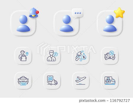 Valet servant, Plane and Taxi line icons. Placeholder with 3d star, reminder bell, chat. Pack of Food delivery, Petrol station, Car leasing icon. Delivery man pictogram. For web app, printing. Vector Valet servant, Plane and Taxi line icons. Placeholder with 3d star, reminder bell, chat. Pack of Food delivery, Petrol station, Car leasing icon. Delivery man pictogram. For web app, printing. Vector 116792727