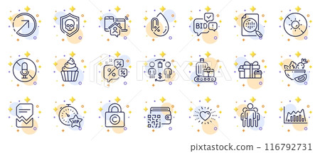 Outline set of Direction, No microphone and Holiday presents line icons for web app. Include Buying process, Group, Discounts chat pictogram icons. Bid offer, Qr code, Copyright locker signs. Vector 116792731