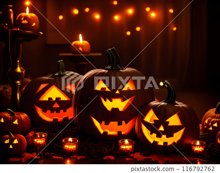 Cinematic UHD K dark Halloween pumpkin. 116792762