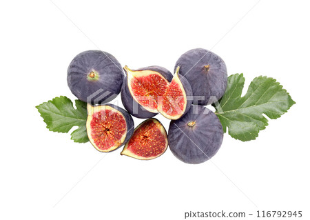 PNG,Fresh figs with leaves, isolated on white background 116792945