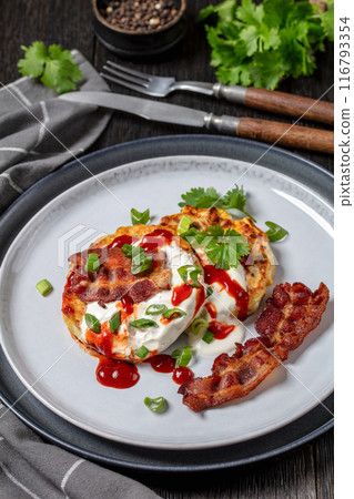 tasty cheese sweet corn pancakes with fried bacon tasty cheese sweet corn pancakes with fried bacon 116793354