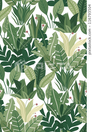 Vector flat greenery texture on white background. Surface design with plants and bushes Vector flat greenery texture on white background. Surface design with plants and bushes 116793504