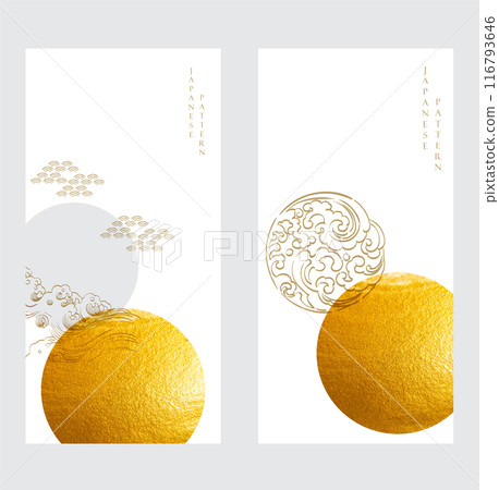 Abstract background with Japanese wave pattern. Geometric shape with brush stroke vector. Circle logo and icon with gold texture template design. 116793646