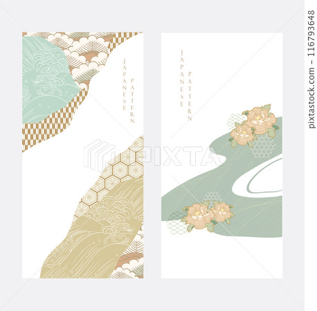 Japanese background with Asian traditional icon vector. Bonsai tree, wave pattern, bamboo and ribbon elements. Geometric pattern template in vintage style. 116793648