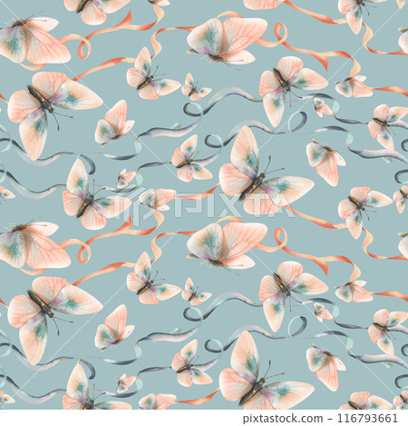 Writhing satin ribbons with flying butterflies in trendy pastel colors peach fuzz and turquoise in a vintage style. Hand drawn watercolor illustration. Seamless pattern on a blue background Writhing satin ribbons with flying butterflies in trendy pastel colors peach fuzz and turquoise in a vintage style. Hand drawn watercolor illustration. Seamless pattern on a blue background 116793661