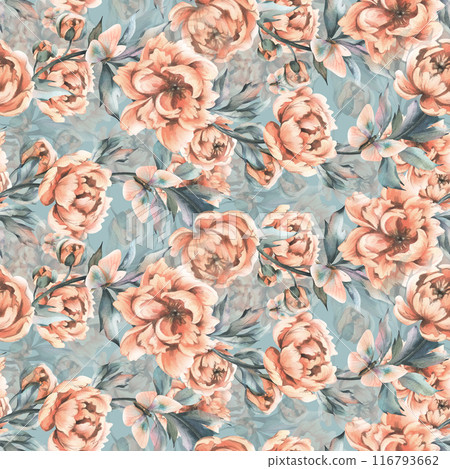 Peony flowers with buds and leaves with flying butterflies in pastel peach fuzz color. Hand drawn botanical watercolor illustration. Romantic, cute, beautiful, seamless pattern, repeating ornament 116793662