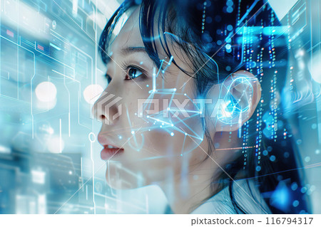 Futuristic portrait of Asian girl with glowing data visualization reflection of the screen. Woman In the network with line of code projected on her face. VR screen, AI Artificial Intelligence concept 116794317