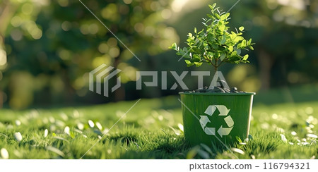 Green Plant growing in a pot with recycle symbol icon, eco sign. Bokeh blur natural background. Copy space for text. Saving the Earth, Earth Day, environmental sustainability. Reforestation Green Plant growing in a pot with recycle symbol icon, eco sign. Bokeh blur natural background. Copy space for text. Saving the Earth, Earth Day, environmental sustainability. Reforestation 116794321