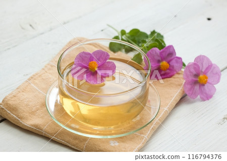 Herbal tea made from Cistus incanus, known as rock rose. Herbal tea made from Cistus incanus, known as rock rose. 116794376