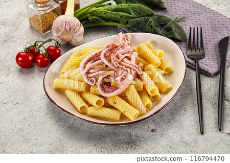Italian cuisine - pasta tortiglioni with squid Italian cuisine - pasta tortiglioni with squid 116794470