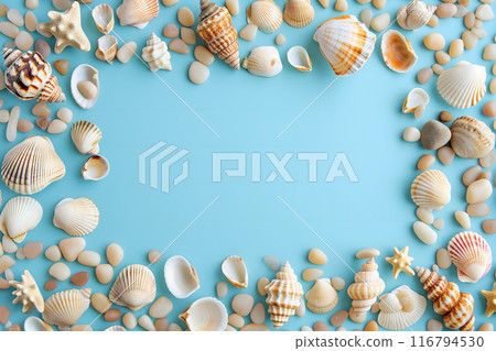 Seashells, pebbles, mockup on blue background. Blank, top view, still life, flat lay. Sea vacation travel concept tourism and resorts. Summer holidays. Seashells, pebbles, mockup on blue background. Blank, top view, still life, flat lay. Sea vacation travel concept tourism and resorts. Summer holidays. 116794530