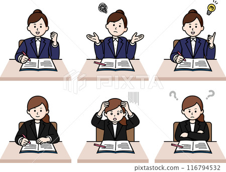 Set of 6 upper body poses: Woman in a suit writing a note Set of 6 upper body poses: Woman in a suit writing a note 116794532