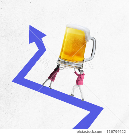 Ambitious man and woman, employee, colleagues pushing large beer mug upward purple arrow symbolizing growth and promotion. Contemporary art collage. 116794622