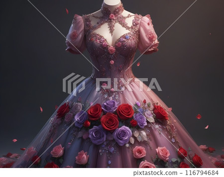 華麗的哥德式洋裝粉紅玫瑰裝飾 116794684