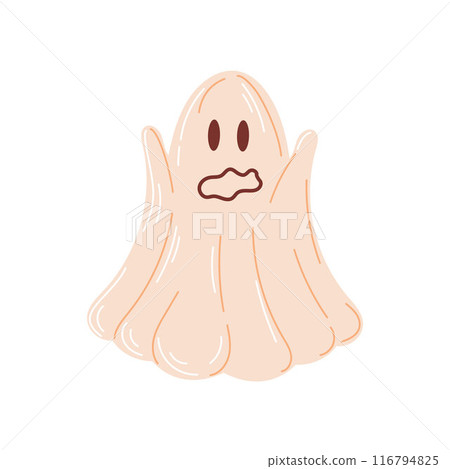 Spooky ghost in flat style. Emotional Halloween phantom, surprised frightening character. Vector illustration isolated on a white background. 116794825