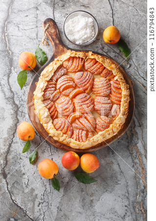 Sweet Apricots and almond homemade pie galette on board closeup. Vertical top view 116794843
