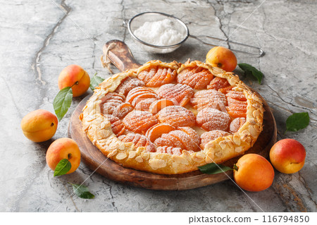 Baked galette or open apricot almond pie on board closeup. Horizontal 116794850