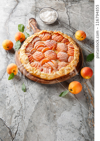 Sweet Apricots and almond homemade pie galette on board closeup. Vertical 116794855