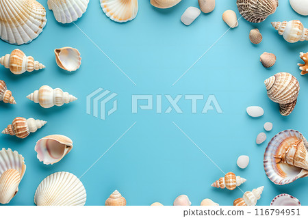 Seashells, pebbles, mockup on blue background. Blank, top view, still life, flat lay. Sea vacation travel concept tourism and resorts. Summer holidays. 116794951