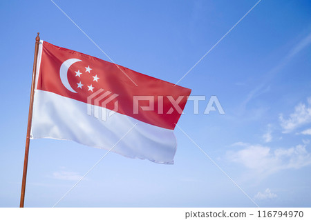 A red and white flag with a crescent moon on it of the Singapore flag 116794970