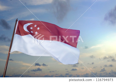 A red and white flag with a crescent moon on it of the Singapore flag A red and white flag with a crescent moon on it of the Singapore flag 116794973