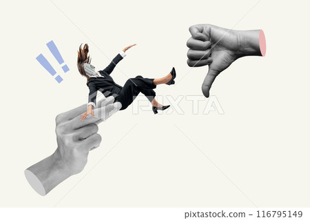 A woman is falling and a hand is pointing at her 116795149