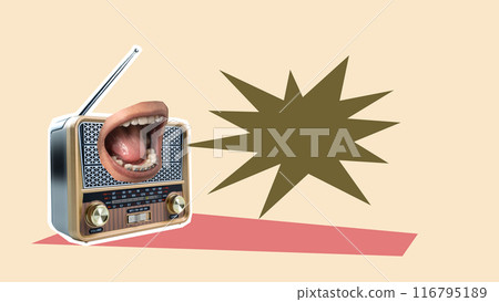 A radio with a mouth on it is blowing a big bubble 116795189