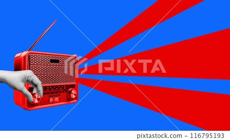 A red and blue radio with a hand pointing at it 116795193