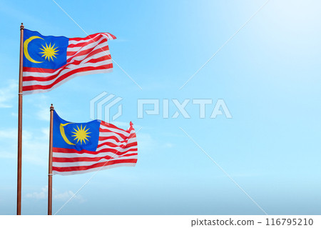 A Malaysia flag with a red stripe and a blue stripe with a yellow star in the middle 116795210