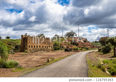 The abandoned Mine in Minas de Sao Domingos Village in Alentejo Portugal. The abandoned Mine in Minas de Sao Domingos Village in Alentejo Portugal. 116795363