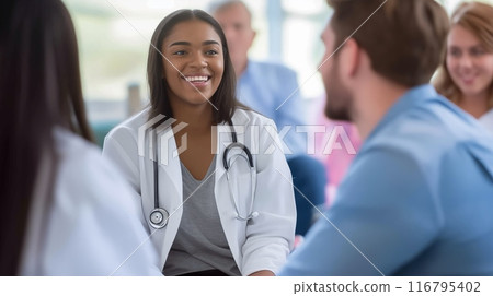 Diverse group of young healthcare professionals engages in discussions, showcasing teamwork, diversity, and collaboration, exemplifying excellence in patient care. AI Generated 116795402