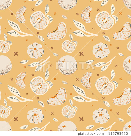 HandDrawn Citrus Pattern on Yellow Background 116795430