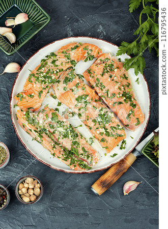 Fresh marinated salmon with spices. Fresh marinated salmon with spices. 116795436