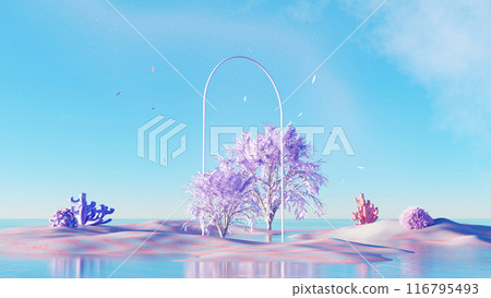 3d Render, Surreal landscape with pastel purple tree and beautiful colorful island, coral on dune with blue sky and sea. 116795493